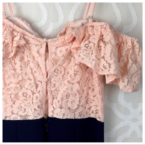 *CLEARANCE* Peach Lace Navy Ruffle Flares Jumpsuit - Picture 8 of 8